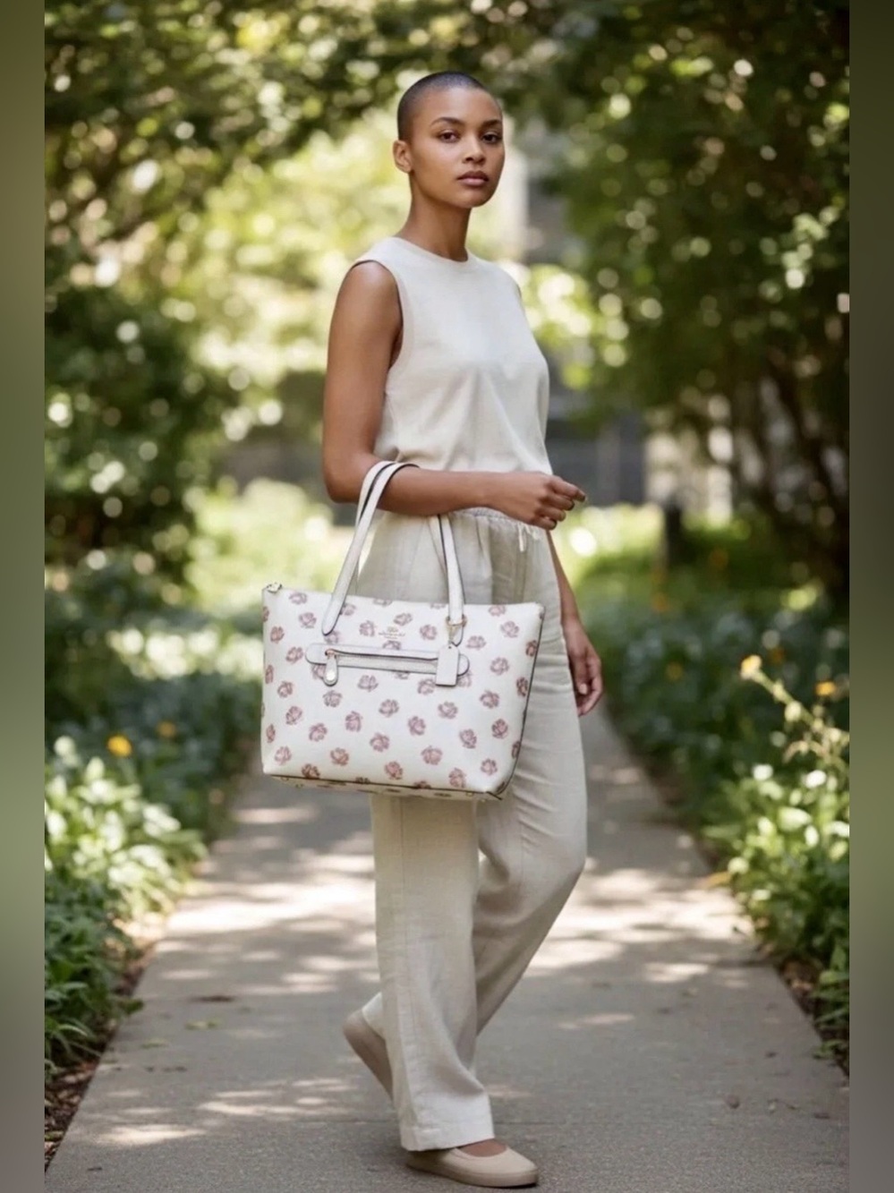 Coach Rose Strewn White Pebble Leather Tote.